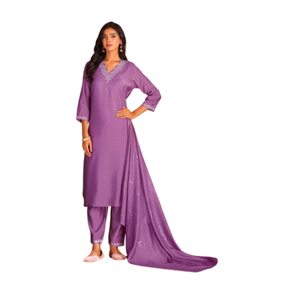 Lavender Embroidered Straight Kurta Set with Dupatta