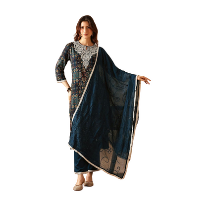 Navy Blue Printed Cotton Kurta Set with Embroidered Neck