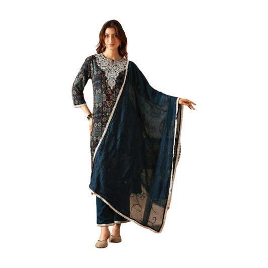 Navy Blue Printed Cotton Kurta Set with Embroidered Neck