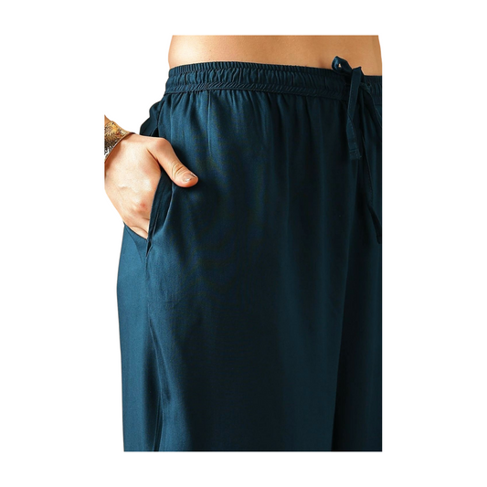 Navy Blue Printed Cotton Kurta Set with Embroidered Neck