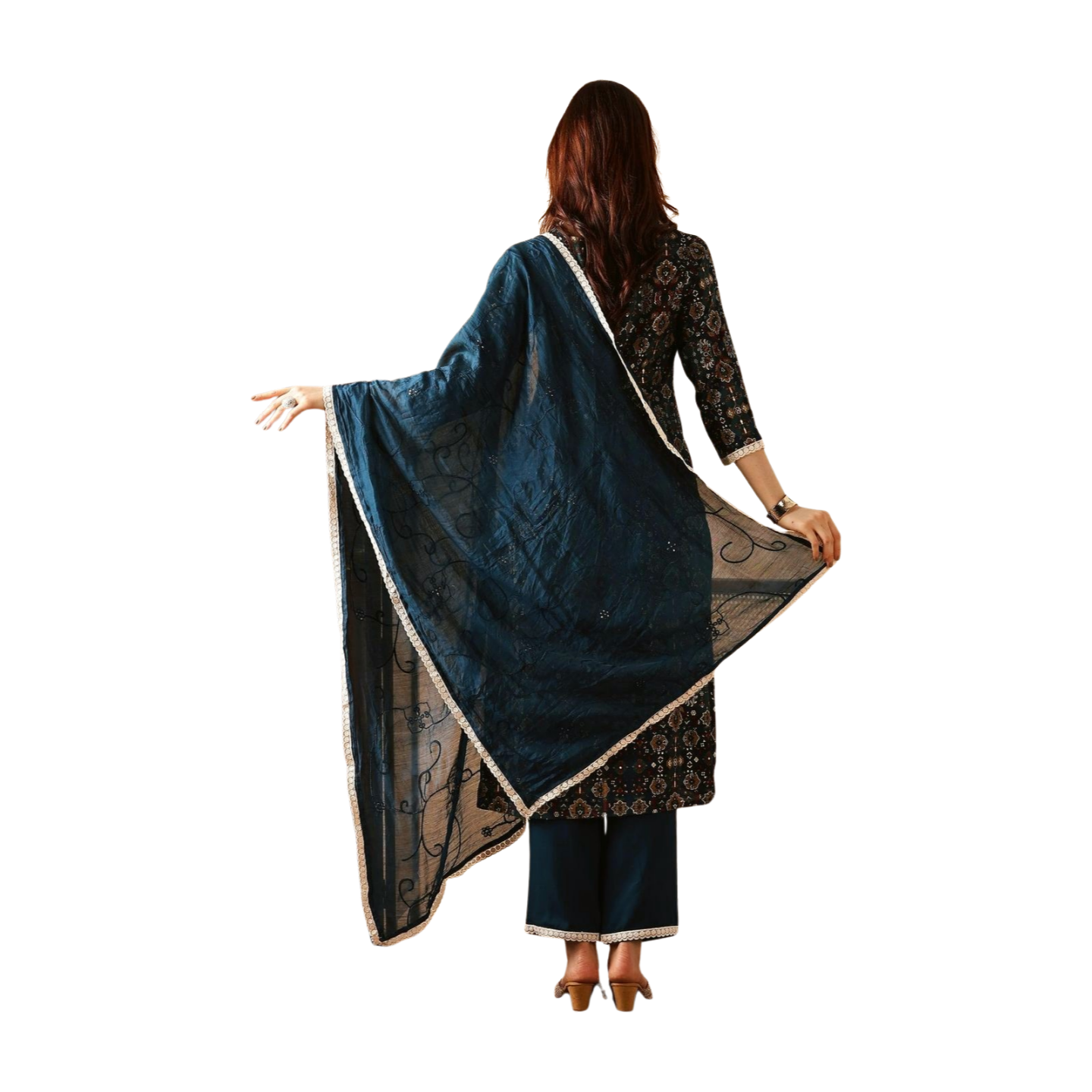 Navy Blue Printed Cotton Kurta Set with Embroidered Neck