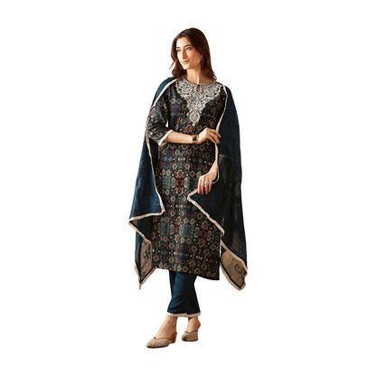 Navy Blue Printed Cotton Kurta Set with Embroidered Neck