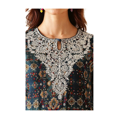 Navy Blue Printed Cotton Kurta Set with Embroidered Neck