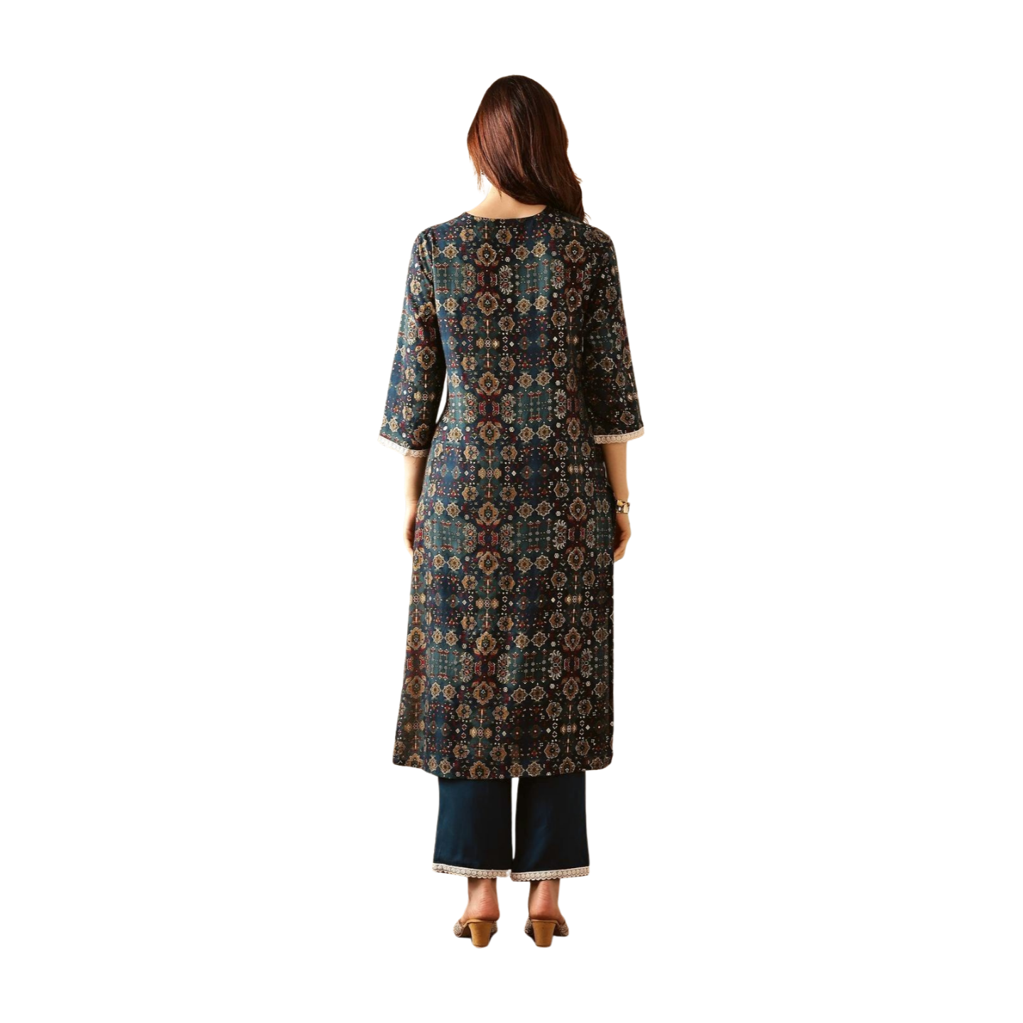 Navy Blue Printed Cotton Kurta Set with Embroidered Neck