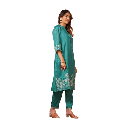 Teal Floral Embroidered Kurta Set with Organza Dupatta
