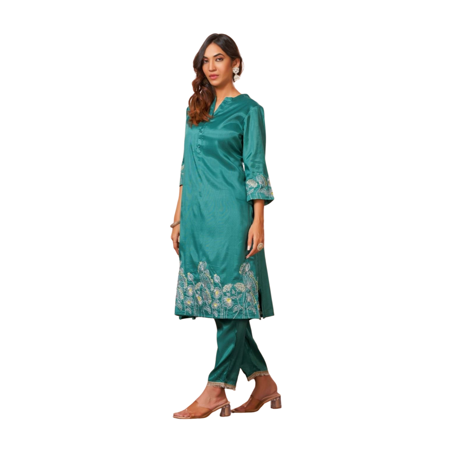 Teal Floral Embroidered Kurta Set with Organza Dupatta