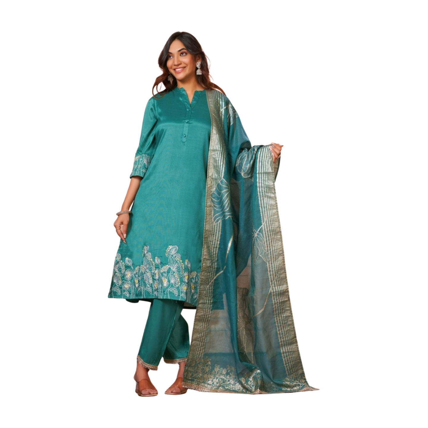 Teal Floral Embroidered Kurta Set with Organza Dupatta