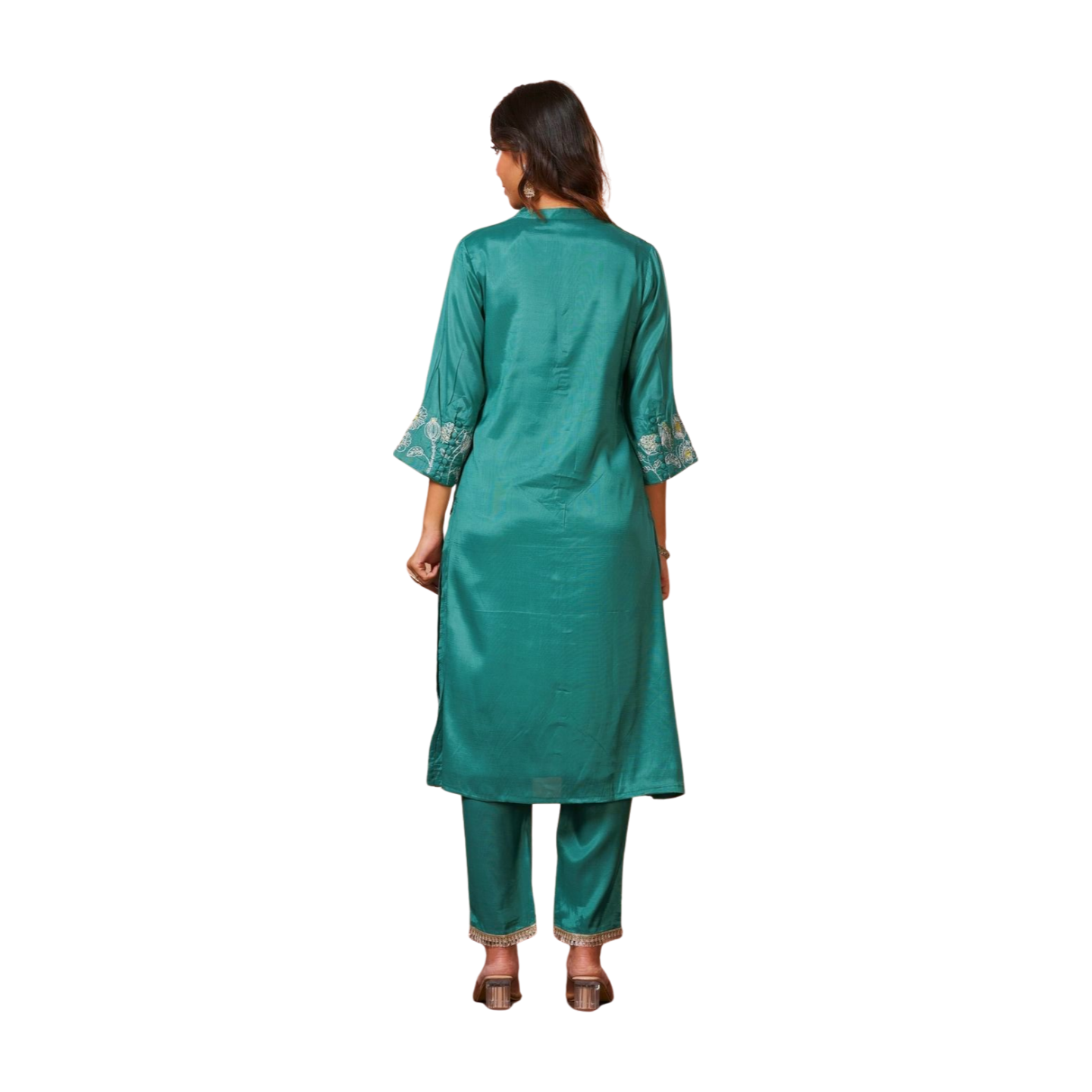 Teal Floral Embroidered Kurta Set with Organza Dupatta