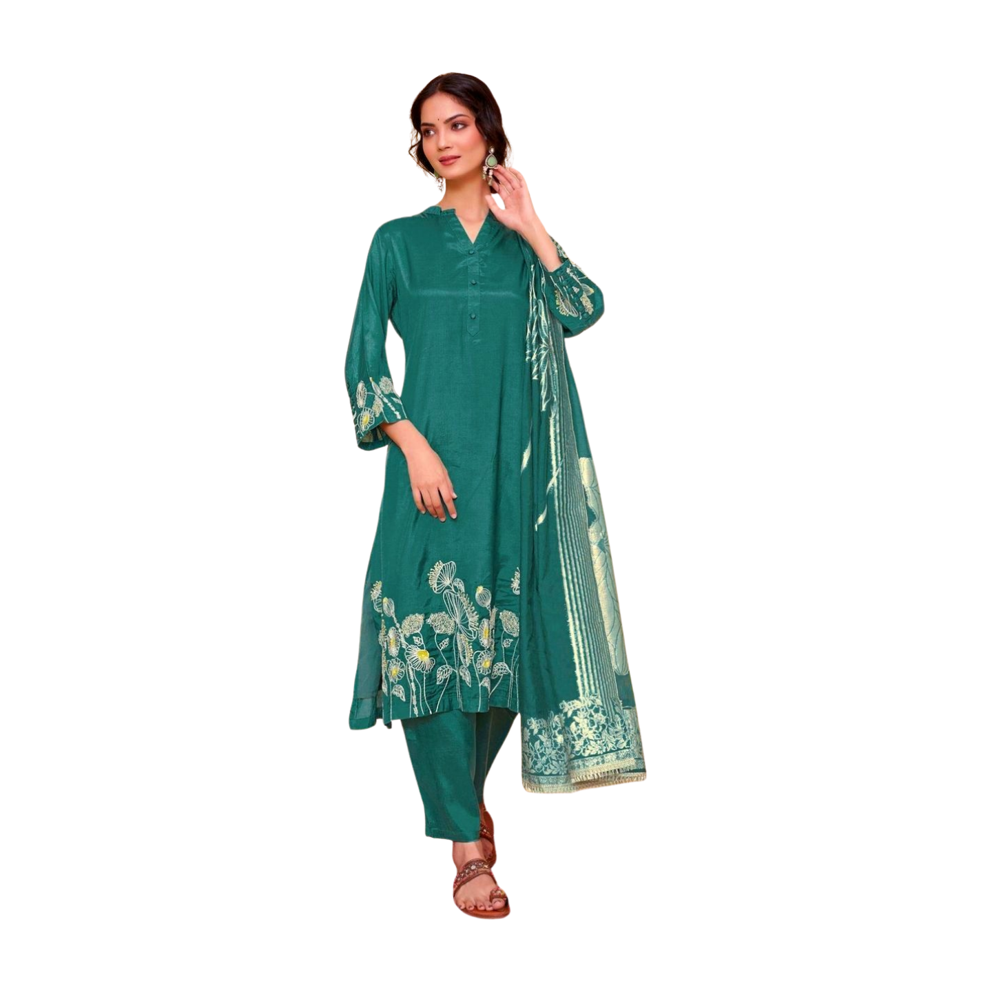 Teal Floral Embroidered Kurta Set with Organza Dupatta
