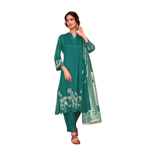 Teal Floral Embroidered Kurta Set with Organza Dupatta