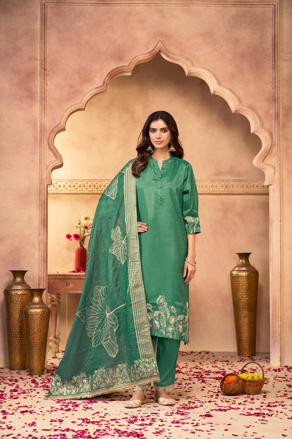 Teal Floral Embroidered Kurta Set with Organza Dupatta
