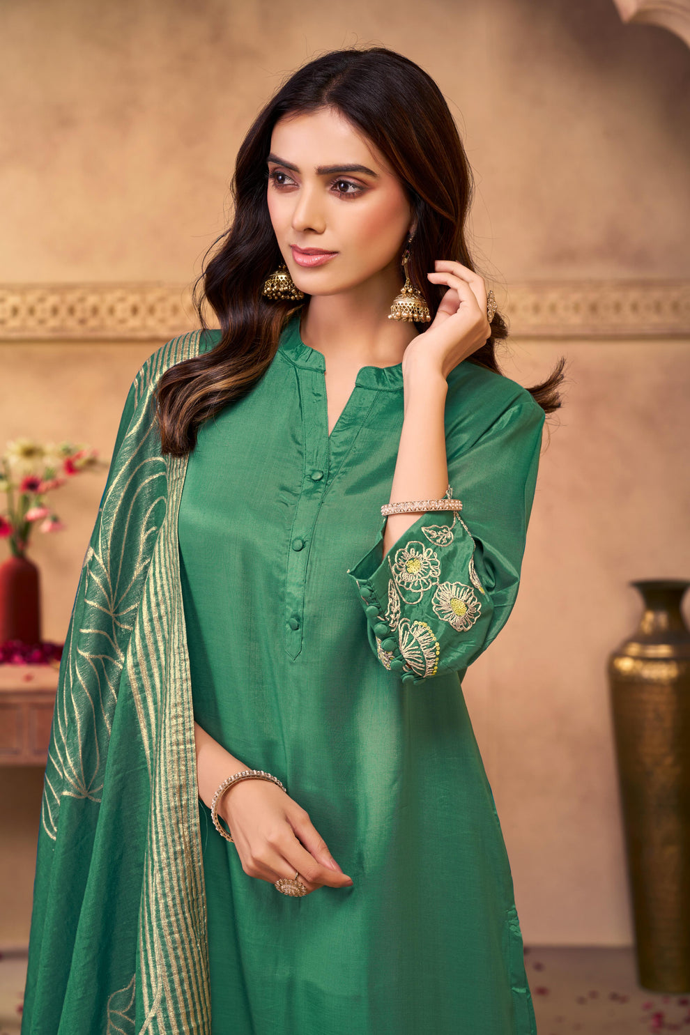 Teal Floral Embroidered Kurta Set with Organza Dupatta