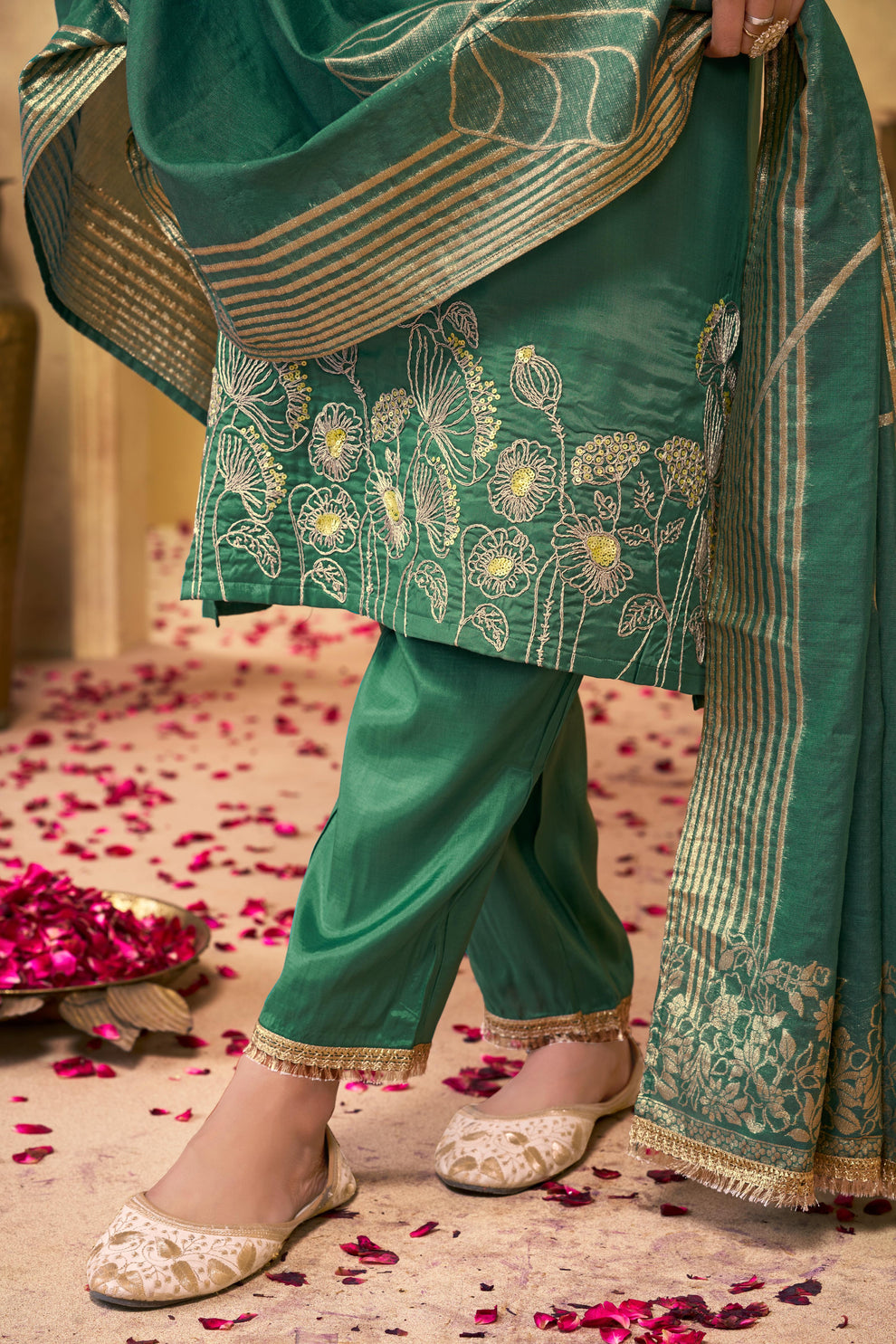 Teal Floral Embroidered Kurta Set with Organza Dupatta