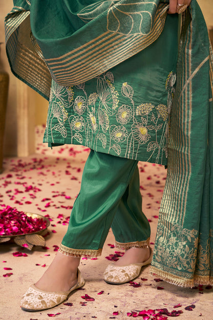 Teal Floral Embroidered Kurta Set with Organza Dupatta