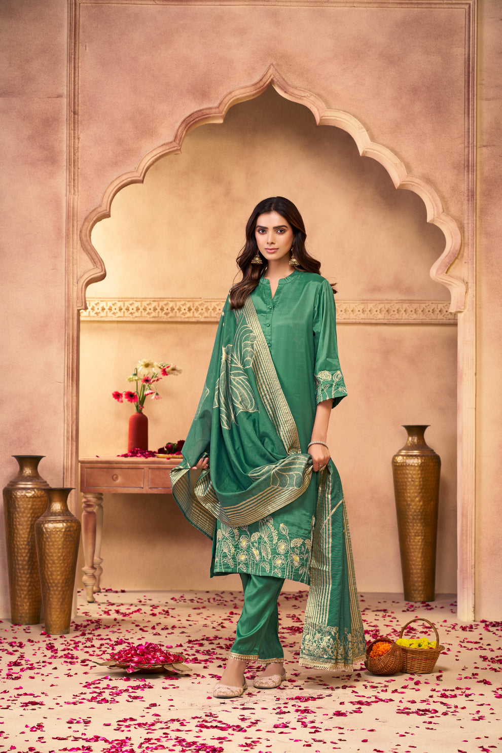 Teal Floral Embroidered Kurta Set with Organza Dupatta