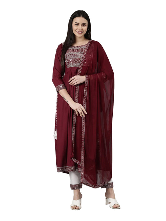 Maroon Embroidered Kurta Set with Dupatta