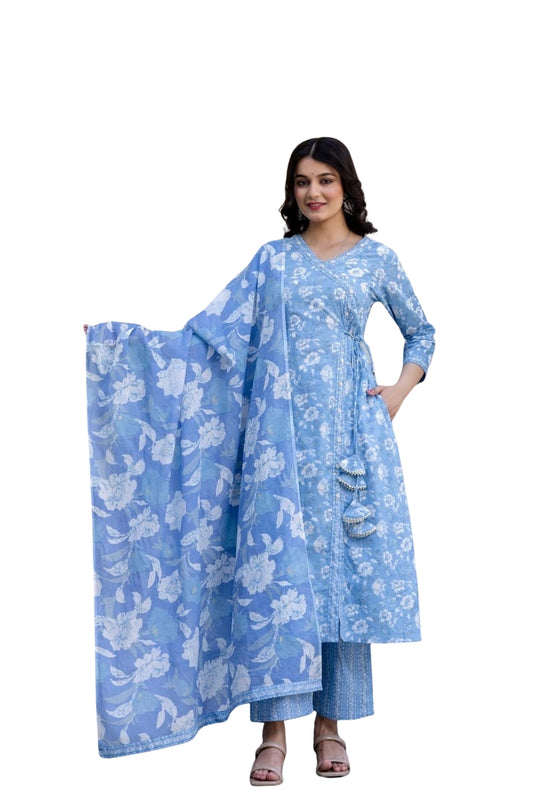 Mint Green & White Printed Cotton Kurti Set with Dupatta