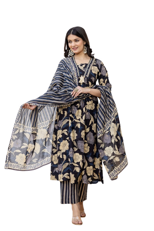 Navy Floral Kurti Set with Dupatta