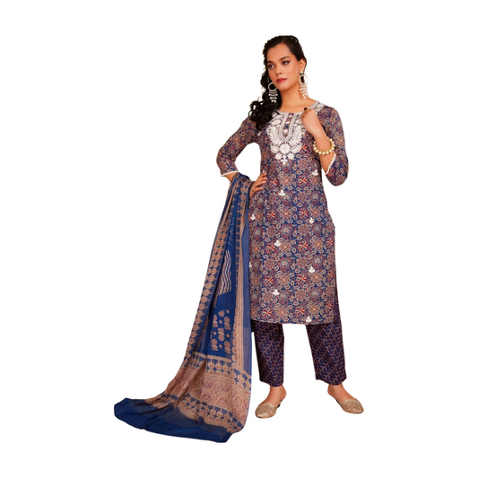 Woman wearing a traditional outfit with a blue dupatta on a white background