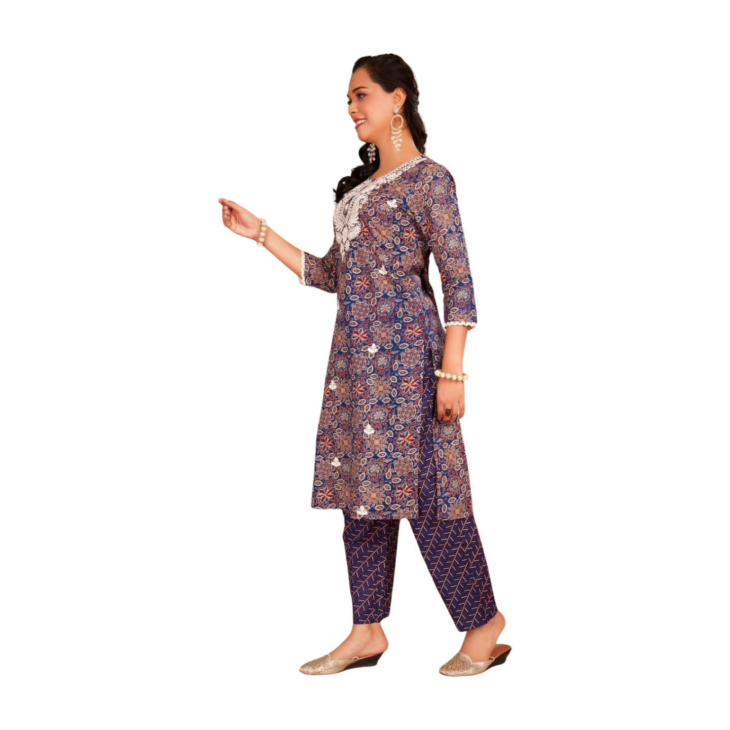 Royal Blue Printed Chanderi Straight Suit Set with Embroidered Neckline