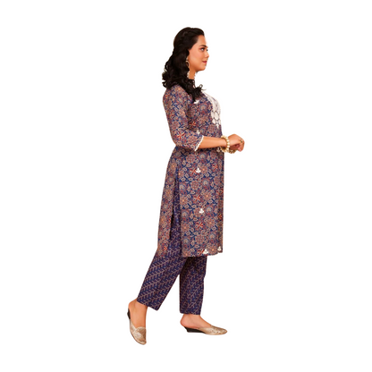 Royal Blue Printed Chanderi Straight Suit Set with Embroidered Neckline