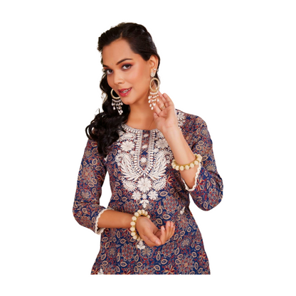 Royal Blue Printed Chanderi Straight Suit Set with Embroidered Neckline