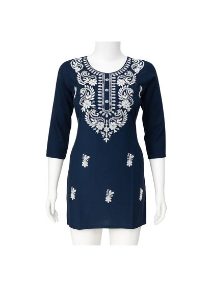 Women’s Lucknowi-Style Embroidered Short Kurti – 3/4 Sleeves | Daily Wear