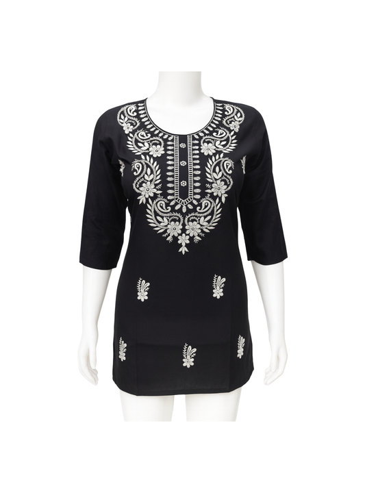 Women’s Lucknowi-Style Embroidered Short Kurti – 3/4 Sleeves | Daily Wear