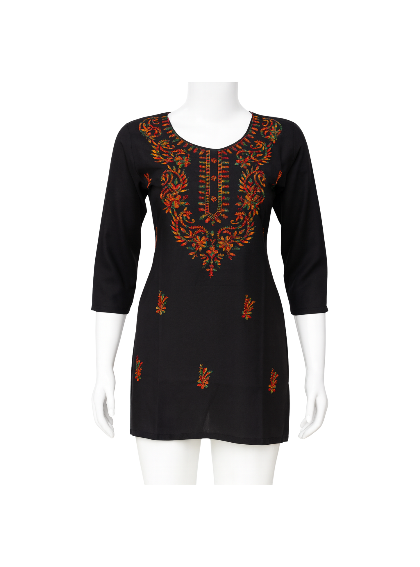 Black dress with orange embroidery on a mannequin against a white background