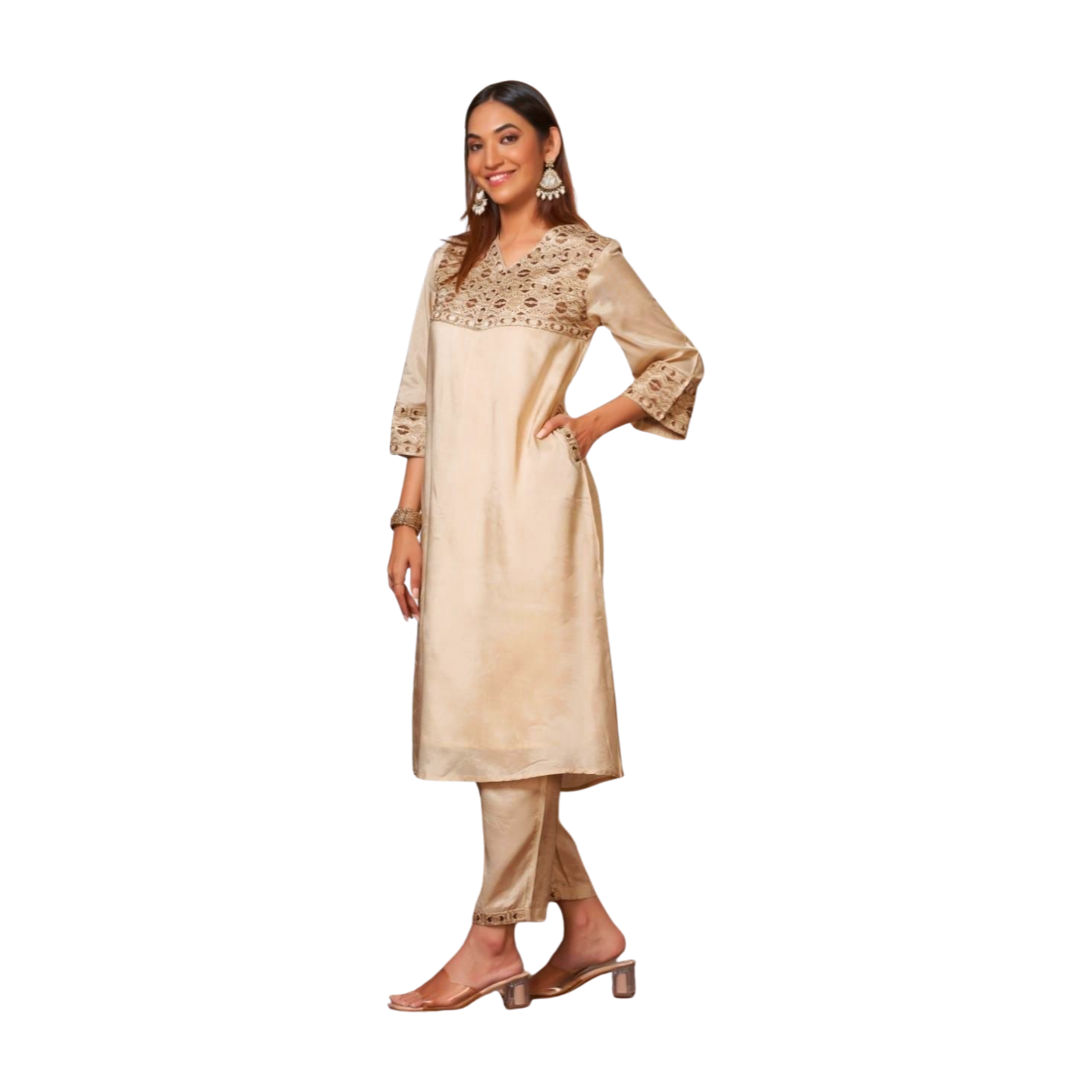 Embroidered Yoke Straight Kurta Set with Dupatta