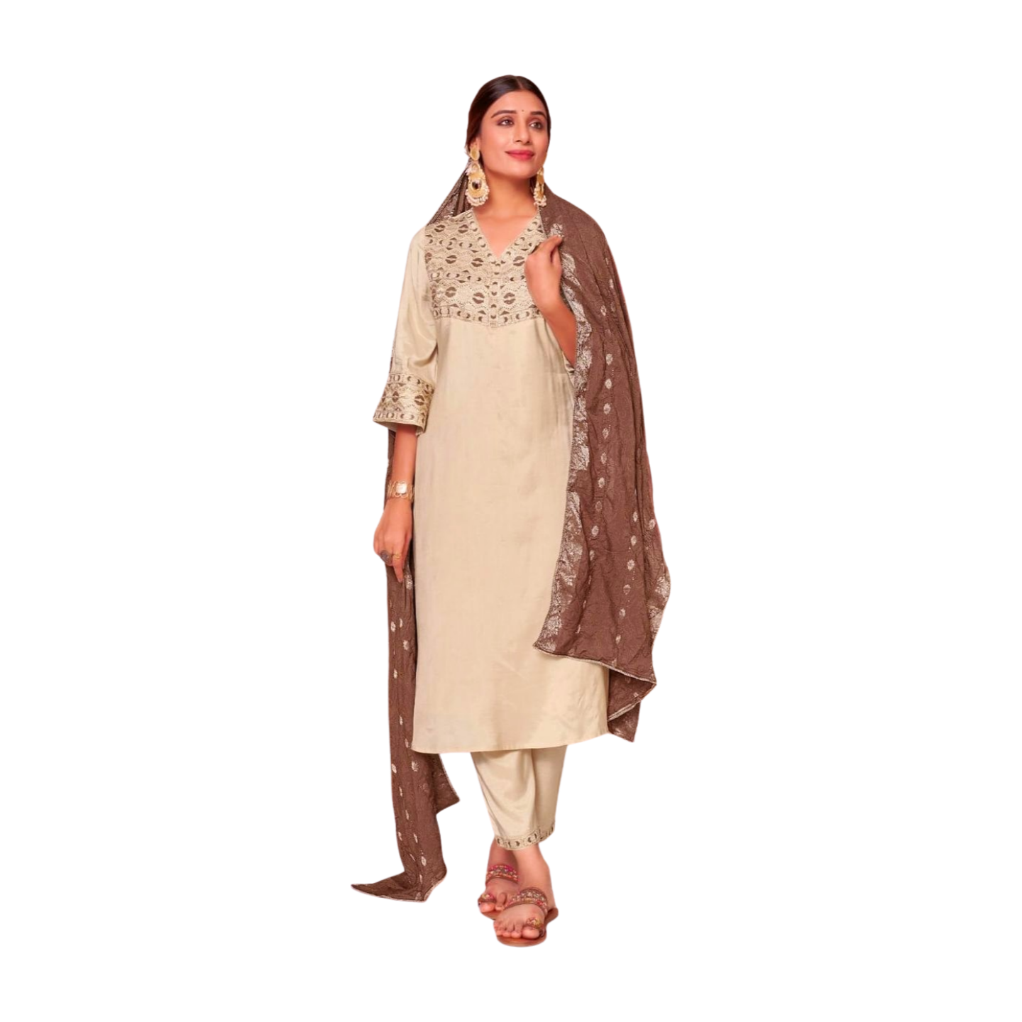 Embroidered Yoke Straight Kurta Set with Dupatta