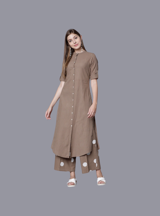 Women’s Cotton Striped Kurti Pant Set | 45” Kurti | 3/4 Sleeves