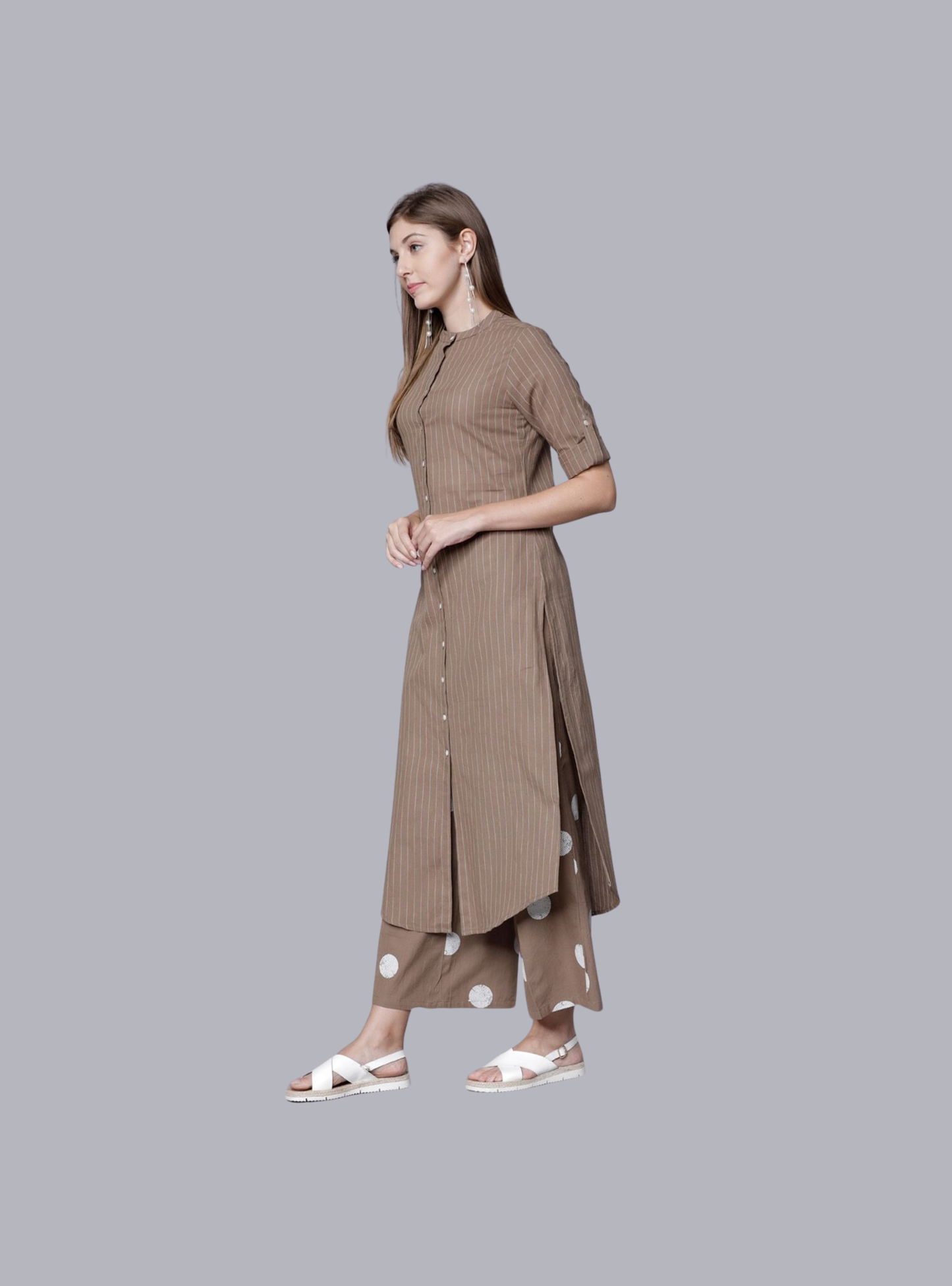 Women’s Cotton Striped Kurti Pant Set | 45” Kurti | 3/4 Sleeves