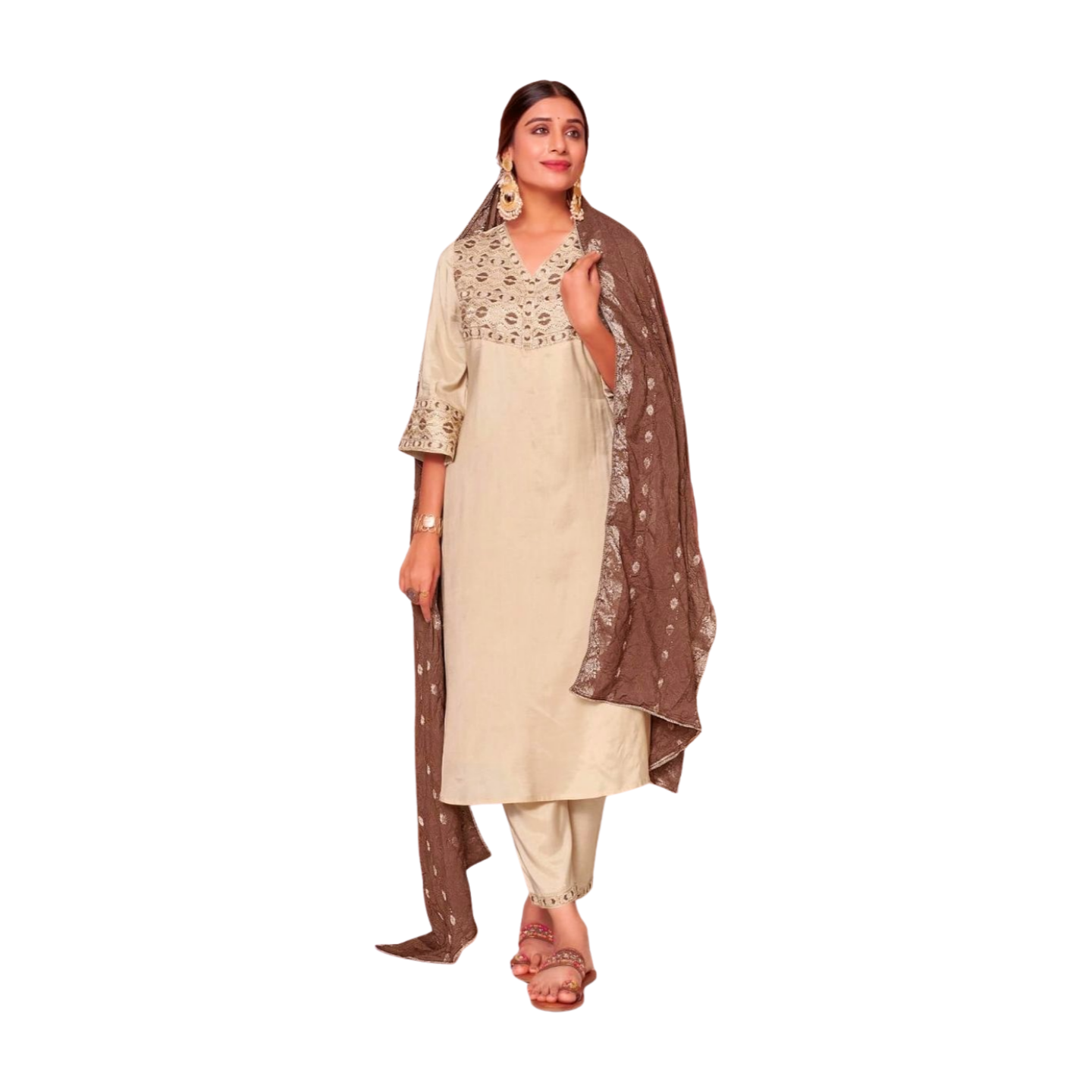 Embroidered Yoke Straight Kurta Set with Dupatta