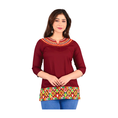 Embroidered Cotton Short Kurti – Multicolour Neck Design