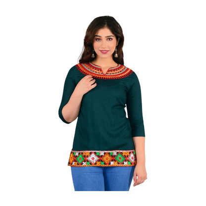 Embroidered Cotton Short Kurti – Multicolour Neck Design