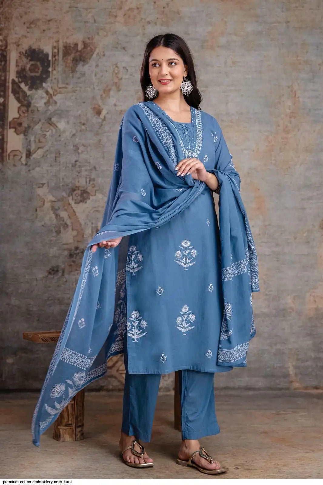 Embroidered Cotton Kurta Set With Dupatta – Blue & Pink