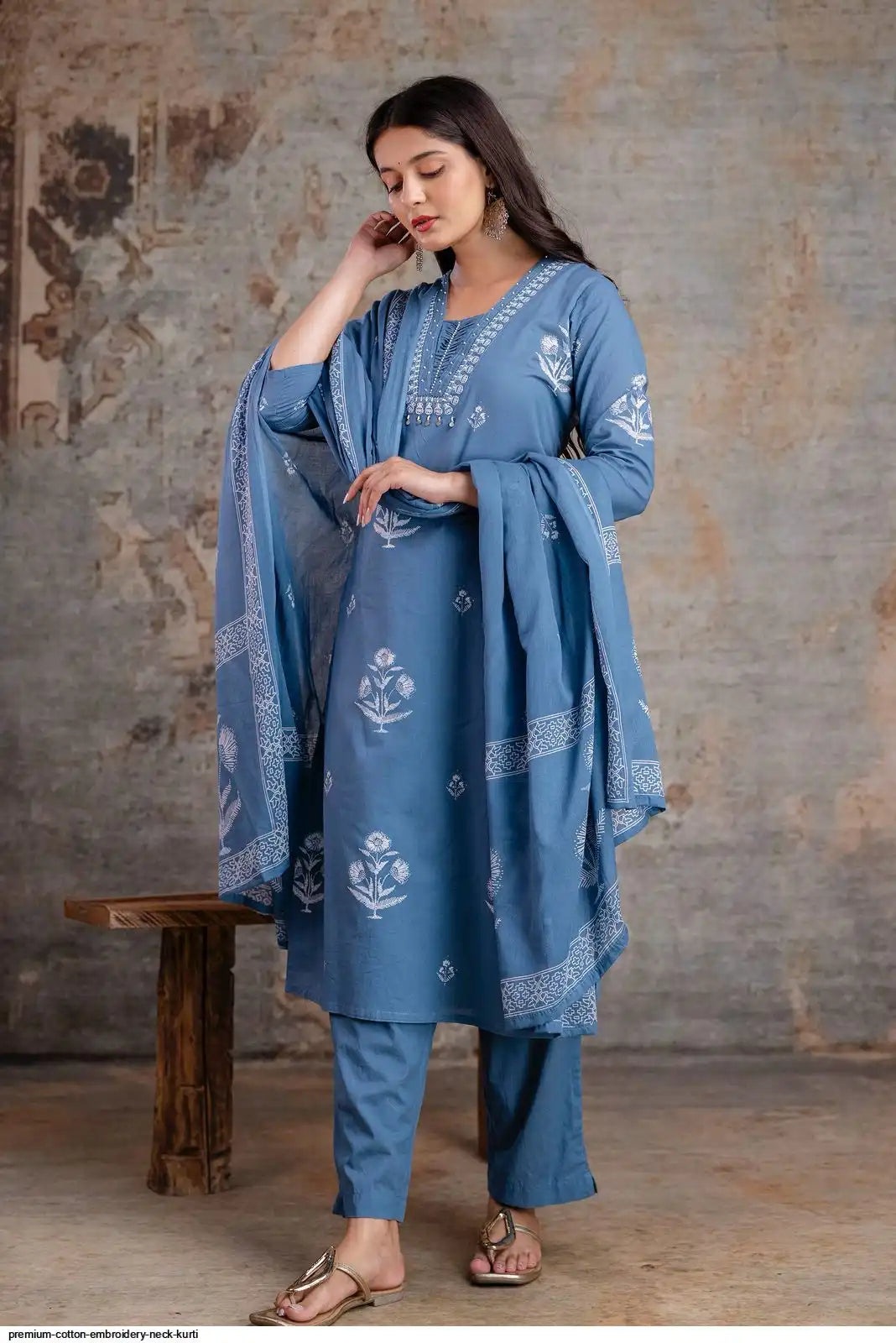 Embroidered Cotton Kurta Set With Dupatta – Blue & Pink
