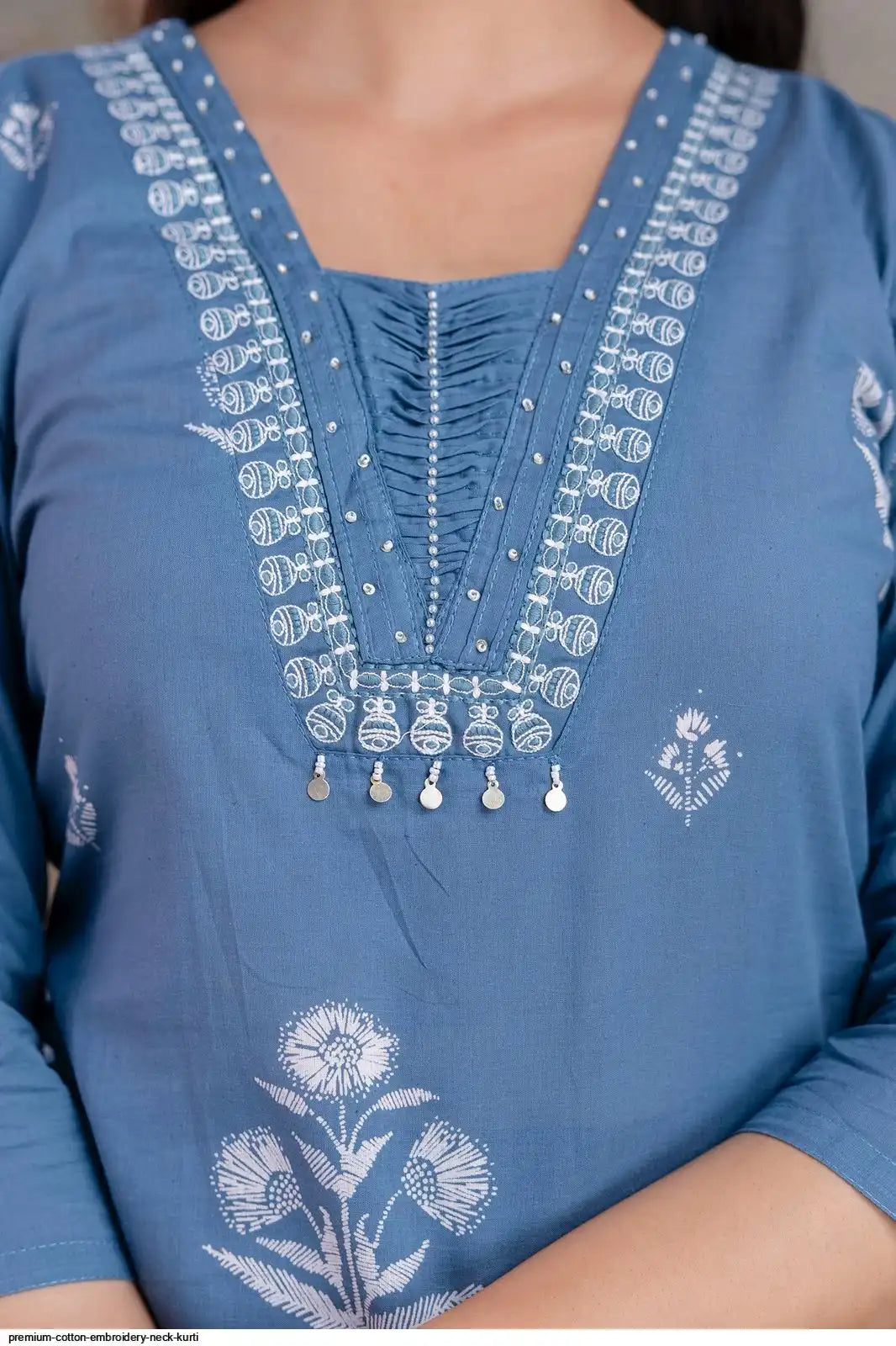 Embroidered Cotton Kurta Set With Dupatta – Blue & Pink