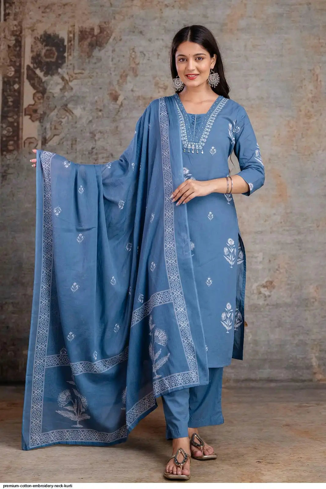 Embroidered Cotton Kurta Set With Dupatta – Blue & Pink