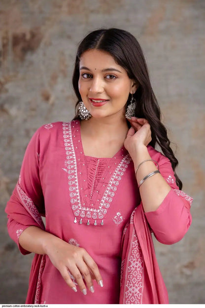 Embroidered Cotton Kurta Set With Dupatta – Blue & Pink