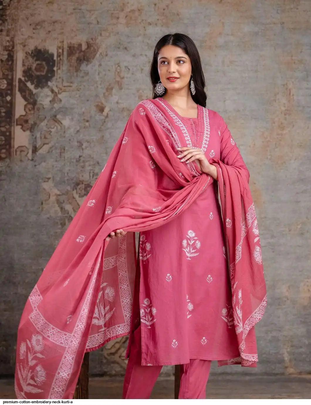 Embroidered Cotton Kurta Set With Dupatta – Blue & Pink