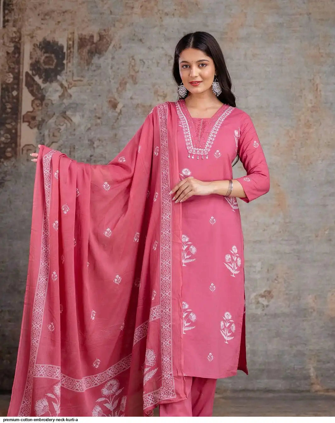 Embroidered Cotton Kurta Set With Dupatta – Blue & Pink