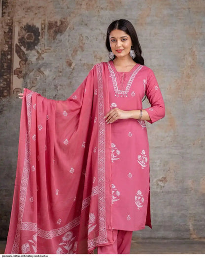 Embroidered Cotton Kurta Set With Dupatta – Blue & Pink